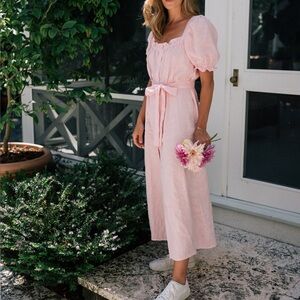 Sleeper Brigitte Linen Midi Dress‎ Pink Sz L 100% Linen Romantic Feminine Sweet